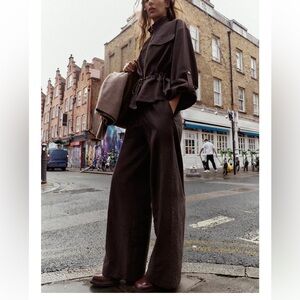Zara Dark Brown Wide Leg Elastic Waist Pants, size L